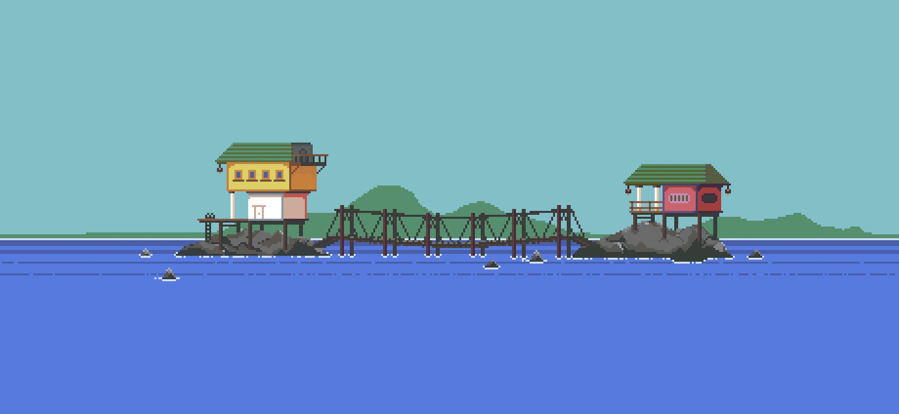 Pixel-art seaside hideaway: two houses joined by a rope bridge over blue water