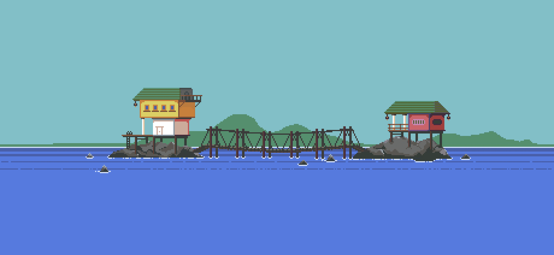 Pixel-art coastal huts