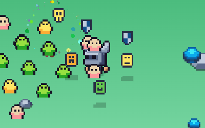 Pixel Power: a knight surrounded by colourful pixel enemies